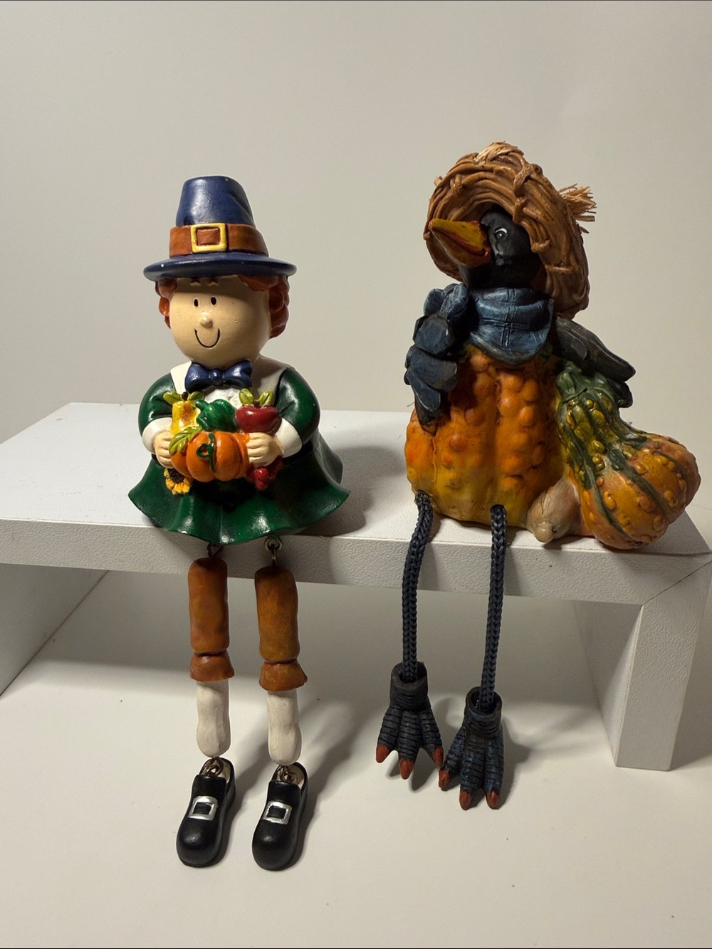Festive Fall Pilgrim Figurine and Crow Pumpkin Decor - Green, Orange, Black
